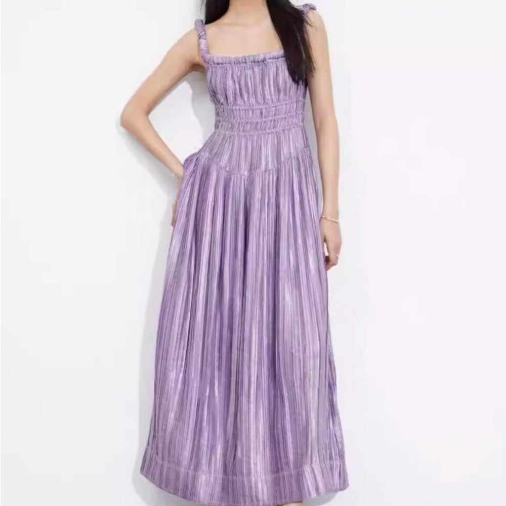 & Other Stories Purple Shirred Stain Dress